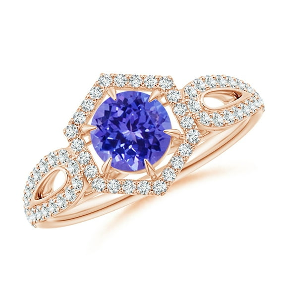 ANGARA Natural Tanzanite Split Shank Ring with Diamond Hexagon Halo in 14K Rose Gold for Women (Size-5mm) | December Birthstone, Birthday, Anniversary, Jewelry Gift for Women | Natural Tanzanite Ring