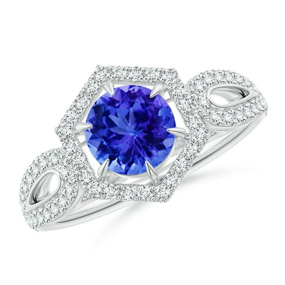 ANGARA Natural Tanzanite Split Shank Ring with Diamond Hexagon Halo in 14K White Gold for Women (Size-6mm) | December Birthstone, Anniversary, Jewelry Gift for Women | Natural Tanzanite Ring