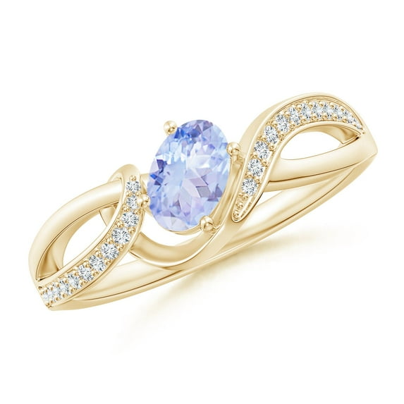 ANGARA Natural Tanzanite Twisted Ribbon Ring with Pave Diamond Accents in 14K Yellow Gold for Women (Size-6x4mm) | December Birthstone, Anniversary, Jewelry Gift for Women | Natural Tanzanite Ring