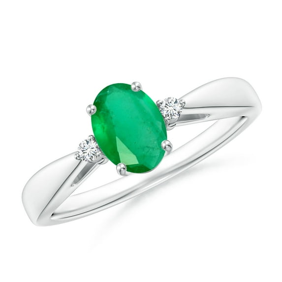 ANGARA Natural Tapered Shank Emerald Solitaire Ring with Diamond Accents in 14K White Gold for Women (Size-7x5mm) | May Birthstone, Anniversary, Jewelry Gift for Women | Natural Emerald Ring