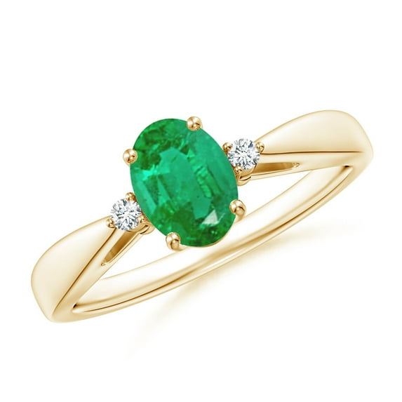 ANGARA Natural Tapered Shank Emerald Solitaire Ring with Diamond Accents in 14K Yellow Gold for Women (Size-7x5mm) | May Birthstone, Anniversary, Jewelry Gift for Women | Natural Emerald Ring