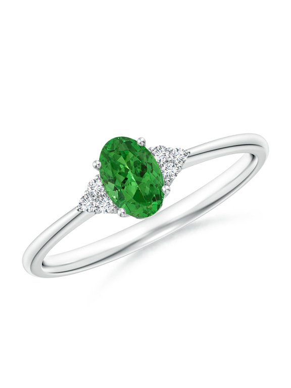 Natural Tapered Shank Oval Tsavorite Ring with Trio Diamond Accent in 925 Sterling Silver for Women | Birthday, Anniversary, Jewelry Gift for Women | Natural Tsavorite Ring