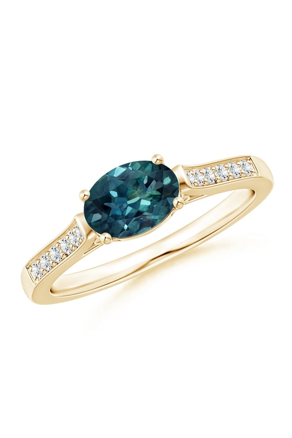 Natural Teal Montana Sapphire Ring with Diamonds in 14K Yellow Gold for Women (Size-7x5mm) | September Birthstone, Anniversary, Jewelry Gift for Women | Natural Teal Montana Sapphire Ring