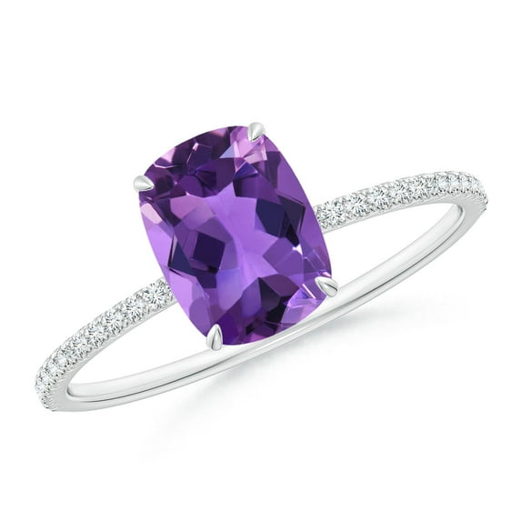 ANGARA Natural Thin Shank Cushion Cut 1.2 ct Amethyst Ring with Diamonds in 14K White Gold for Women (Size-8x6mm) | February Birthstone, Anniversary, Jewelry Gift for Women | Natural Amethyst Ring