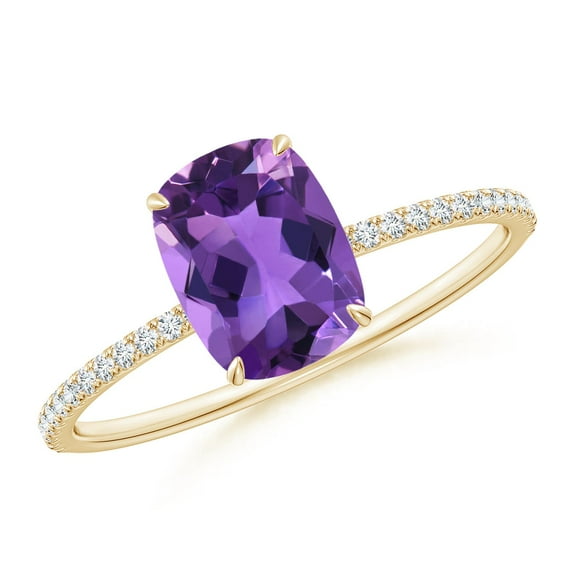 ANGARA Natural Thin Shank Cushion Cut 1.2 ct Amethyst Ring with Diamonds in 14K Yellow Gold for Women (Size-8x6mm) | February Birthstone, Anniversary, Jewelry Gift for Women | Natural Amethyst Ring