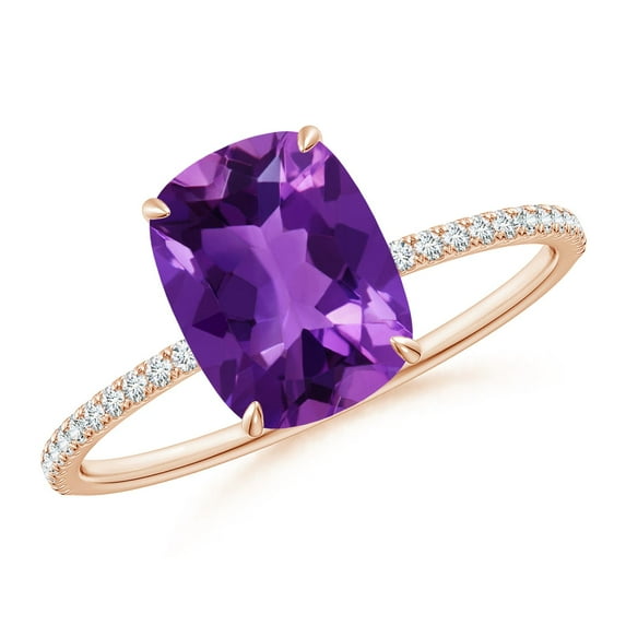 ANGARA Natural Thin Shank Cushion Cut 2 ct Amethyst Ring with Diamonds in 14K Rose Gold for Women (Size-9x7mm) | February Birthstone, Anniversary, Jewelry Gift for Women | Natural Amethyst Ring
