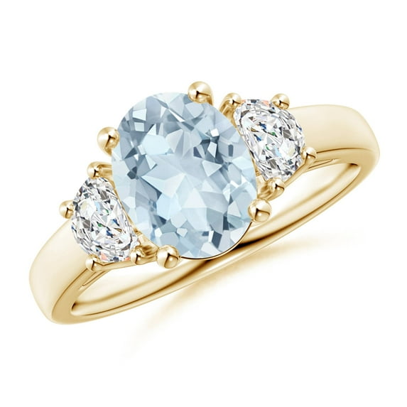 ANGARA Natural Three Stone 1.5 ct Aquamarine and Half Moon Diamond Ring in 14K Yellow Gold for Women (Size-9x7mm) | March Birthstone, Anniversary, Jewelry Gift for Women | Natural Aquamarine Ring