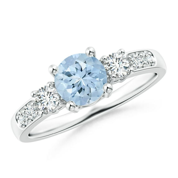ANGARA Natural Three Stone Aquamarine and Diamond Ring in 14K White Gold for Women (Size-6mm) | March Birthstone, Birthday, Anniversary, Jewelry Gift for Women | Natural Aquamarine Ring