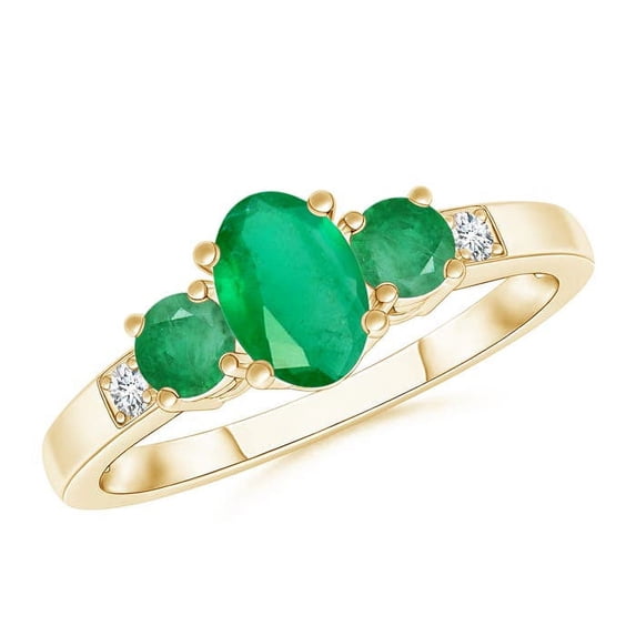 ANGARA Natural Three Stone Emerald Engagement Ring with Diamond Accents in 14K Yellow Gold for Women (Size-6x4mm) | May Birthstone, Anniversary, Jewelry Gift for Women | Natural Emerald Ring