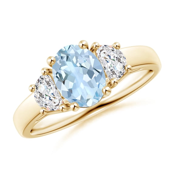 ANGARA Natural Three Stone Oval 1 ct Aquamarine and Half Moon Diamond Ring in 14K Yellow Gold for Women (Size-8x6mm) | March Birthstone, Anniversary, Jewelry Gift for Women | Natural Aquamarine Ring
