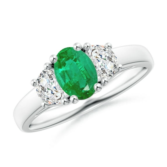ANGARA Natural Three Stone Oval Emerald and Half Moon Diamond Ring in Sterling Silver for Women (Size-7x5mm) | May Birthstone, Birthday, Anniversary, Jewelry Gift for Women | Natural Emerald Ring