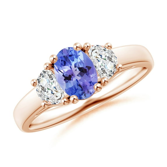 ANGARA Natural Three Stone Oval Tanzanite and Half Moon Diamond Ring in 14K Rose Gold for Women (Size-7x5mm) | December Birthstone, Anniversary, Jewelry Gift for Women | Natural Tanzanite Ring