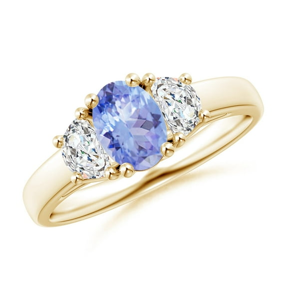 ANGARA Natural Three Stone Oval Tanzanite and Half Moon Diamond Ring in 14K Yellow Gold for Women (Size-7x5mm) | December Birthstone, Anniversary, Jewelry Gift for Women | Natural Tanzanite Ring