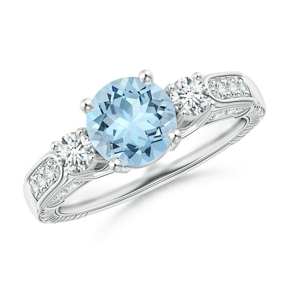 ANGARA Natural Three Stone Round 1.12 ct Aquamarine and Diamond Ring in 14K White Gold for Women (Size-7mm) | March Birthstone, Birthday, Anniversary, Jewelry Gift for Women | Natural Aquamarine Ring