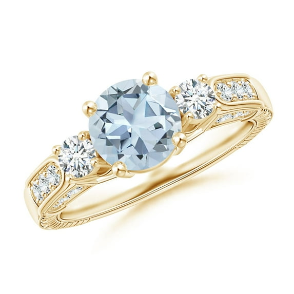 ANGARA Natural Three Stone Round 1.12 ct Aquamarine and Diamond Ring in 14K Yellow Gold for Women (Size-7mm) | March Birthstone, Anniversary, Jewelry Gift for Women | Natural Aquamarine Ring
