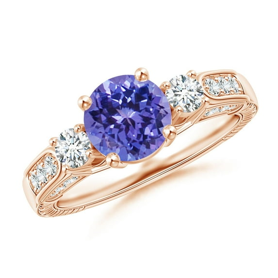 ANGARA Natural Three Stone Round 1.45 ct Tanzanite and Diamond Ring in 14K Rose Gold for Women (Size-7mm) | December Birthstone, Birthday, Anniversary, Jewelry Gift for Women | Natural Tanzanite Ring