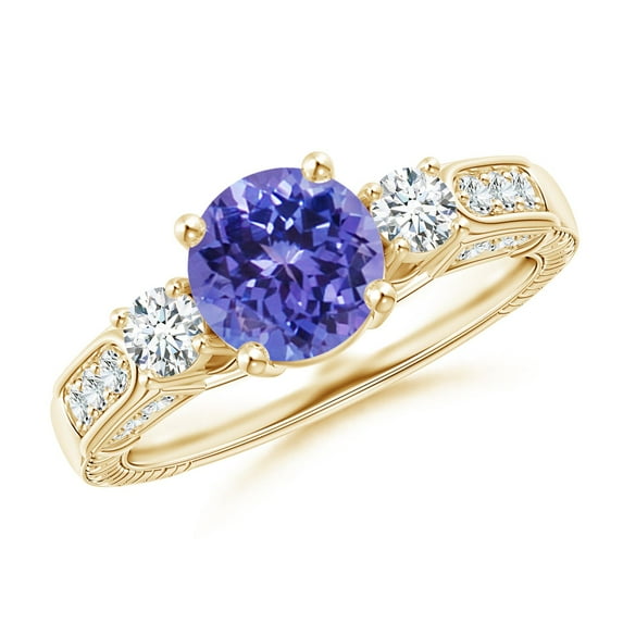 ANGARA Natural Three Stone Round 1.45 ct Tanzanite and Diamond Ring in 14K Yellow Gold for Women (Size-7mm) | December Birthstone, Anniversary, Jewelry Gift for Women | Natural Tanzanite Ring