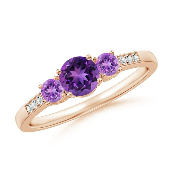 ANGARA Natural Three Stone Round Amethyst Ring with Diamond Accents in 14K Rose Gold for Women (Size-5mm) | February Birthstone, Birthday, Anniversary, Jewelry Gift for Women | Natural Amethyst Ring