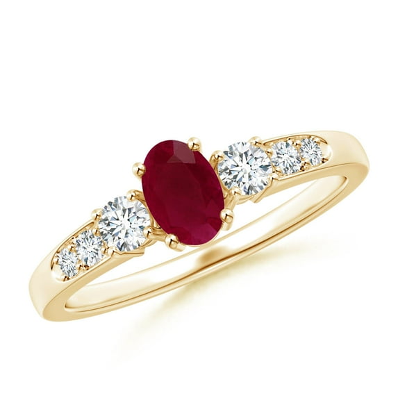 ANGARA Natural Three Stone Ruby and Diamond Ring with Accents in 14K Yellow Gold for Women (Size-6x4mm) | July Birthstone Jewelry for Her