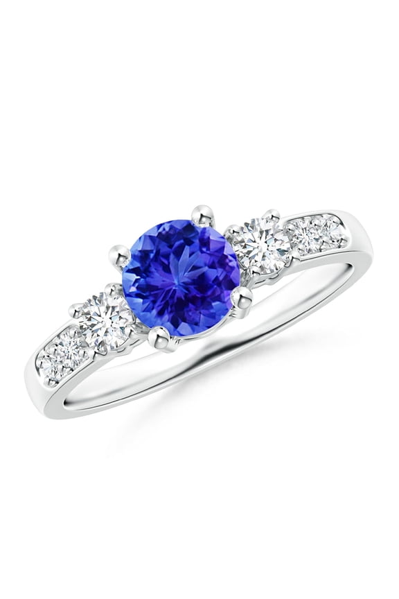 Natural Three Stone Tanzanite and Diamond Ring in 14K White Gold for Women (Size-6mm) | December Birthstone, Birthday, Anniversary, Jewelry Gift for Women | Natural Tanzanite Ring