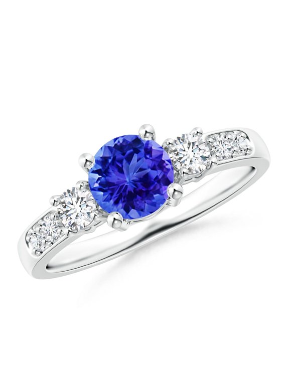 Natural Three Stone Tanzanite and Diamond Ring in 14K White Gold for Women (Size-6mm) | December Birthstone, Birthday, Anniversary, Jewelry Gift for Women | Natural Tanzanite Ring