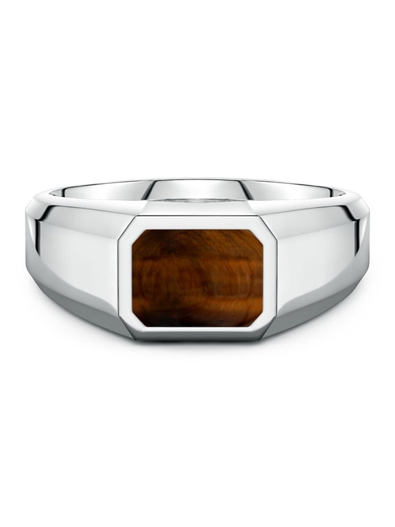 Natural Tiger Eye Ring for Men - Emerald-Cut Tiger's Eye Men's Signet Ring in Sterling Silver | Ring Size - 7