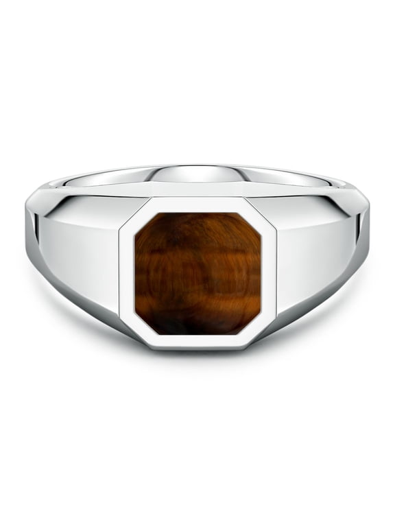 Natural Tiger Eye Ring for Men - Octagon Shape Tiger's Eye Men's Signet Ring in Sterling Silver | Ring Size - 14