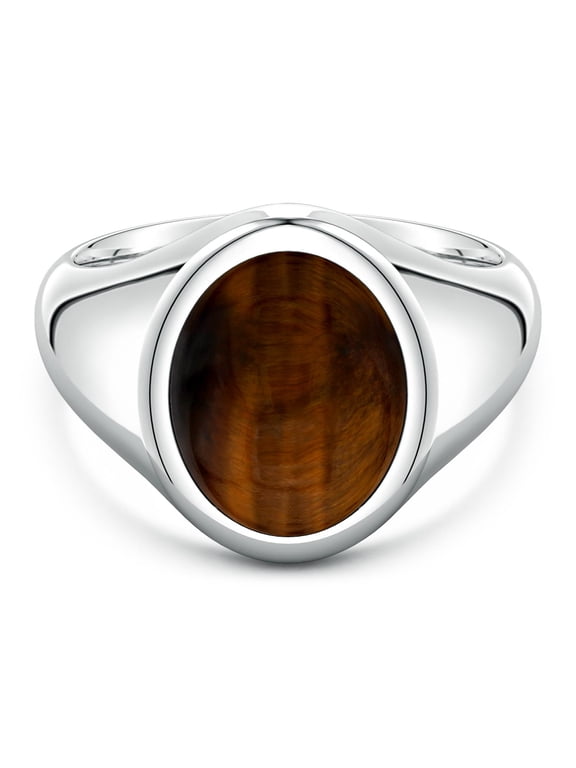 Natural Tiger Eye Ring for Men - Oval Shape Tiger's Eye Men’s Signet Ring in Sterling Silver | Ring Size - 10