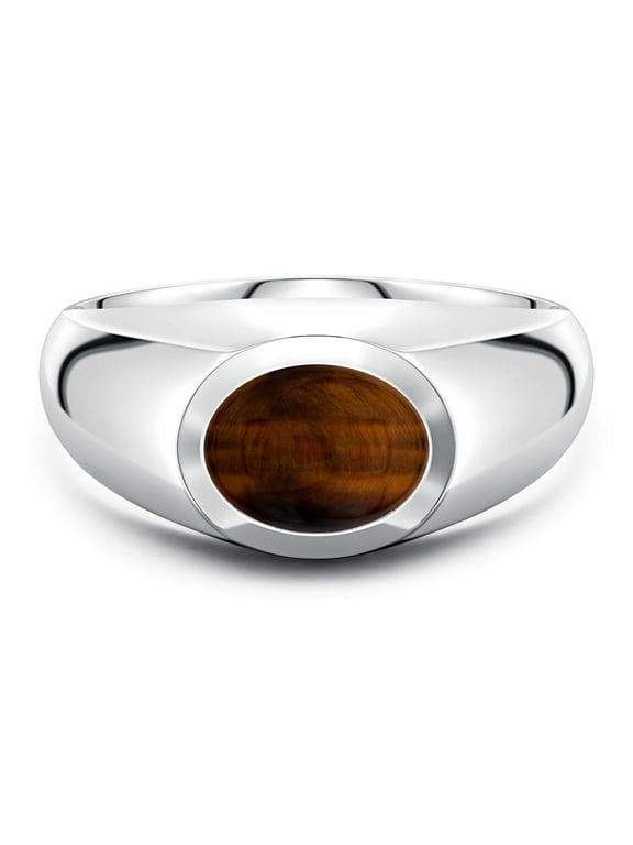Natural Tiger Eye Ring for Men - Oval Shape Tiger's Eye Men's Signet Ring in Sterling Silver | Ring Size - 8.5