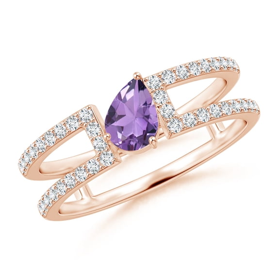 ANGARA Natural Tilted Pear Amethyst Parallel Split Shank Ring in 14K Rose Gold for Women (Size-6x4mm) | February Birthstone, Birthday, Anniversary, Jewelry Gift for Women | Natural Amethyst Ring