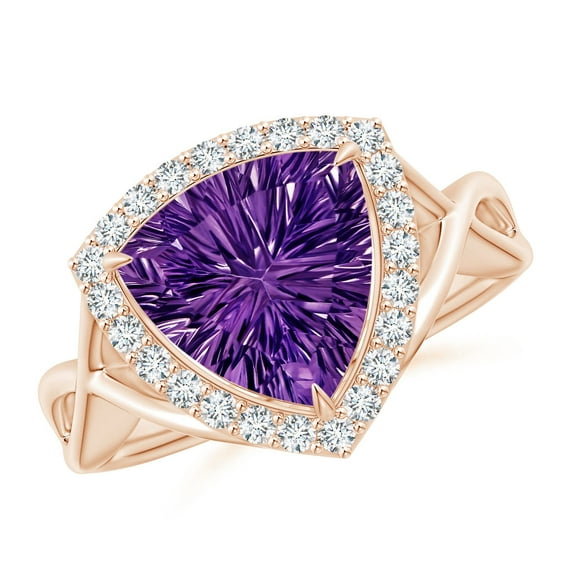 ANGARA Natural Trillion Concave-Cut 2.5 ct Amethyst Halo Criss-Cross Ring in 14K Rose Gold for Women (Size-10mm) | February Birthstone, Anniversary, Jewelry Gift for Women | Natural Amethyst Ring