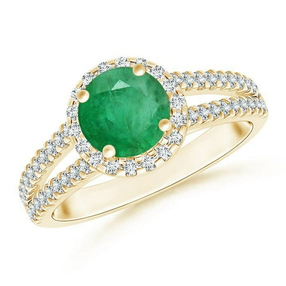 ANGARA Natural Twin Shank 1.2 ct Emerald Halo Ring with Diamond Accents in 14K Yellow Gold for Women (Size-7mm) | May Birthstone, Birthday, Anniversary, Jewelry Gift for Women | Natural Emerald Ring