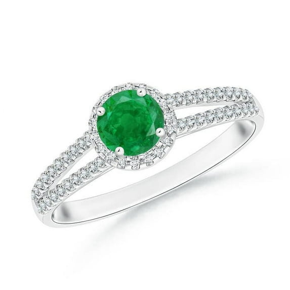 ANGARA Natural Twin Shank Emerald Halo Ring with Diamond Accents in 14K White Gold for Women (Size-5mm) | May Birthstone, Birthday, Anniversary, Jewelry Gift for Women | Natural Emerald Ring