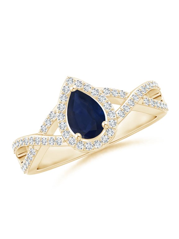 Natural Twist Shank Pear Blue Sapphire Ring with Diamond Halo in 14K Yellow Gold for Women (Size-6x4mm) | September Birthstone, Anniversary, Jewelry Gift for Women | Natural Blue Sapphire Ring