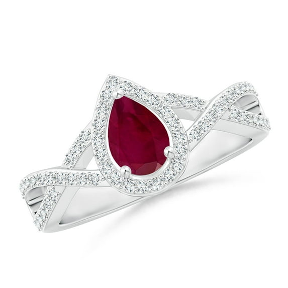 ANGARA Natural Twist Shank Pear Ruby Ring with Diamond Halo in 14K White Gold for Women (Size-6x4mm) | July Birthstone Jewelry for Her | Natural Ruby Rings