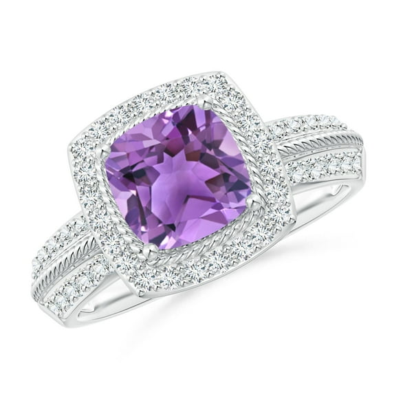 ANGARA Natural Twisted Rope Cushion 1.35 ct Amethyst Halo Ring in 14K White Gold for Women (Size-7mm) | February Birthstone, Birthday, Anniversary, Jewelry Gift for Women | Natural Amethyst Ring
