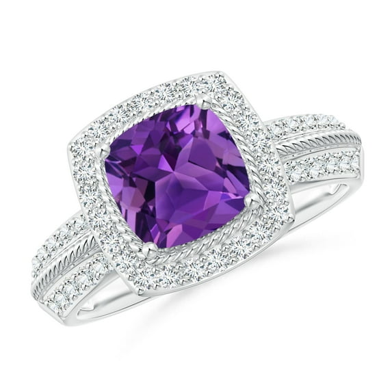 ANGARA Natural Twisted Rope Cushion 1.35 ct Amethyst Halo Ring in 14K White Gold for Women (Size-7mm) | February Birthstone, Birthday, Anniversary, Jewelry Gift for Women | Natural Amethyst Ring