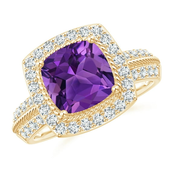ANGARA Natural Twisted Rope Cushion 2.2 ct Amethyst Halo Ring in 14K Yellow Gold for Women (Size-8mm) | February Birthstone, Birthday, Anniversary, Jewelry Gift for Women | Natural Amethyst Ring