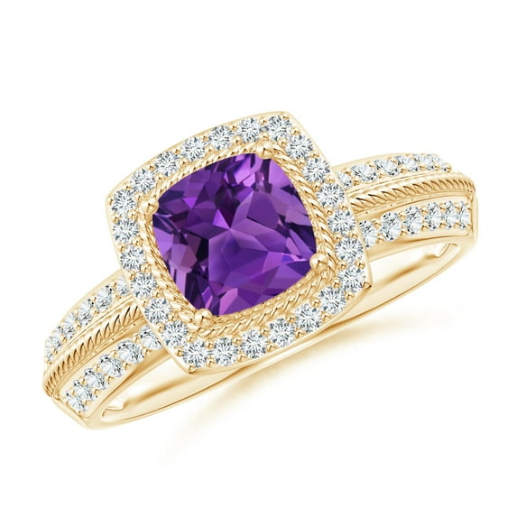 ANGARA Natural Twisted Rope Cushion Amethyst Halo Ring in 14K Yellow Gold for Women (Size-6mm) | February Birthstone, Birthday, Anniversary, Jewelry Gift for Women | Natural Amethyst Ring