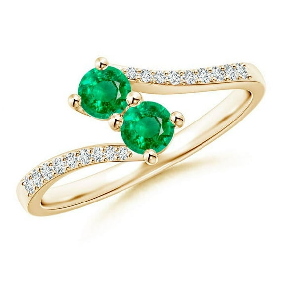 ANGARA Natural Two Stone Emerald Bypass Ring with Diamond Accents in 14K Yellow Gold for Women (Size-3.7mm) | May Birthstone, Birthday, Anniversary, Jewelry Gift for Women | Natural Emerald Ring
