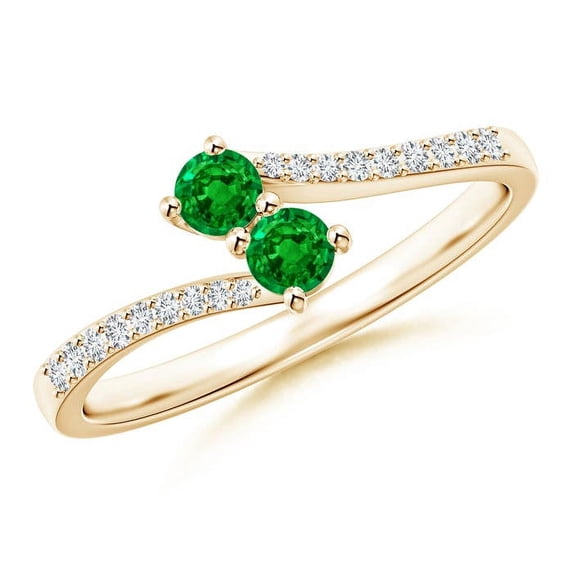 ANGARA Natural Two Stone Emerald Bypass Ring with Diamond Accents in 14K Yellow Gold for Women (Size-3mm) | May Birthstone, Birthday, Anniversary, Jewelry Gift for Women | Natural Emerald Ring
