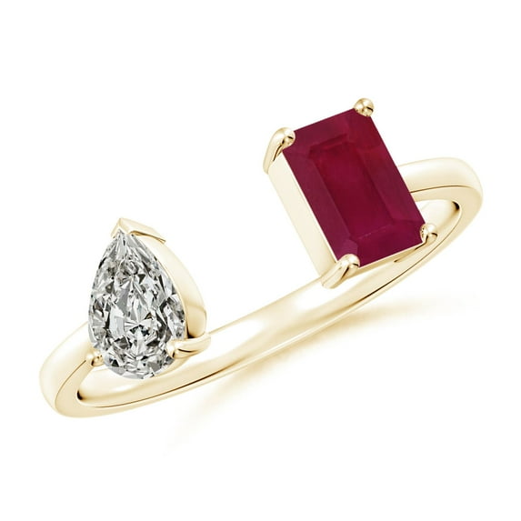 ANGARA Natural Two-Stone Emerald-Cut Ruby & Pear Diamond Open Ring in 14K Yellow Gold for Women (Size-6x4mm) | July Birthstone, Birthday, Anniversary, Jewelry Gift for Women | Natural Ruby Ring