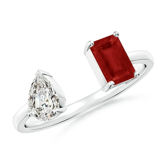 ANGARA Natural Two-Stone Emerald-Cut Ruby & Pear Diamond Open Ring in 925 Sterling Silver for Women (Size-6x4mm) | July Birthstone, Birthday, Anniversary, Jewelry Gift for Women | Natural Ruby Ring
