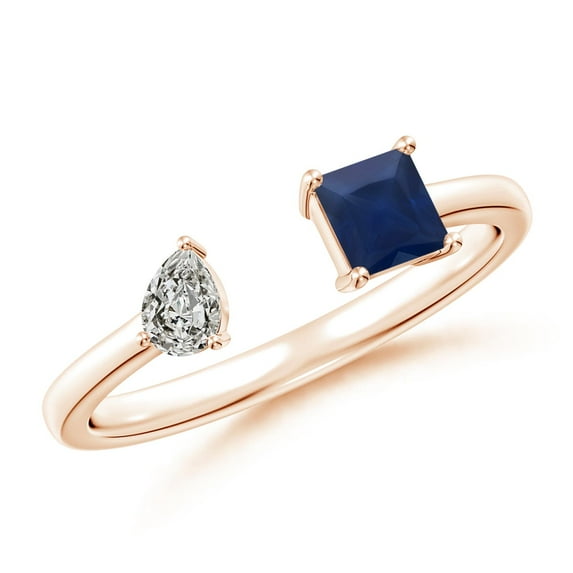 ANGARA Natural Two-Stone Square Blue Sapphire & Pear Diamond Open Ring in 14K Rose Gold for Women (Size-4mm) | September Birthstone, Anniversary, Jewelry Gift for Women | Natural Blue Sapphire Ring