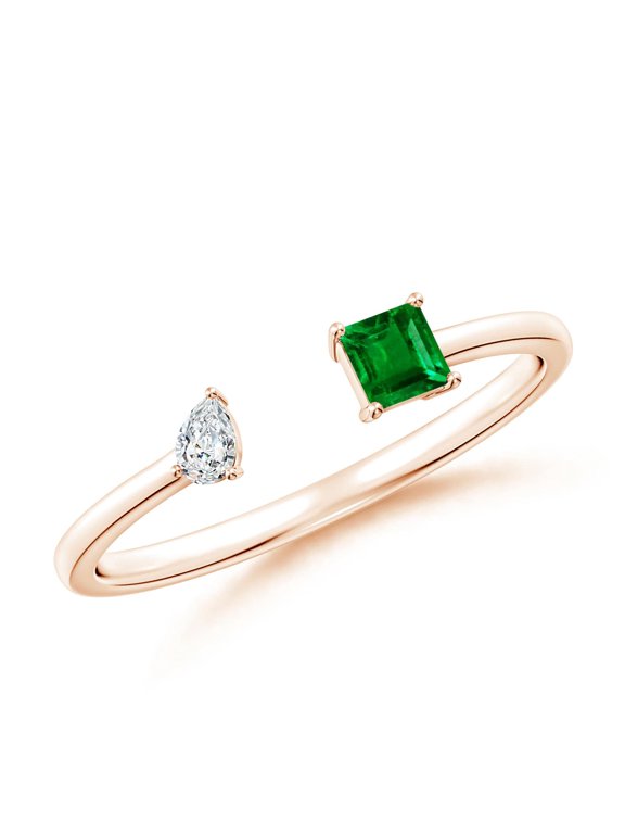 Natural Two-Stone Square Emerald & Pear Diamond Open Ring in 14K Rose Gold for Women (Size-3mm) | May Birthstone, Birthday, Anniversary, Jewelry Gift for Women | Natural Emerald Ring