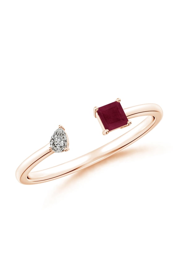 Natural Two-Stone Square Ruby & Pear Diamond Open Ring in 14K Rose Gold for Women (Size-3mm) | July Birthstone, Birthday, Anniversary, Jewelry Gift for Women | Natural Ruby Ring
