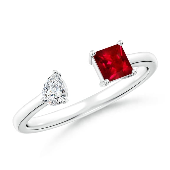 ANGARA Natural Two-Stone Square Ruby & Pear Diamond Open Ring in 14K White Gold for Women (Size-4mm) | July Birthstone, Birthday, Anniversary, Jewelry Gift for Women | Natural Ruby Ring