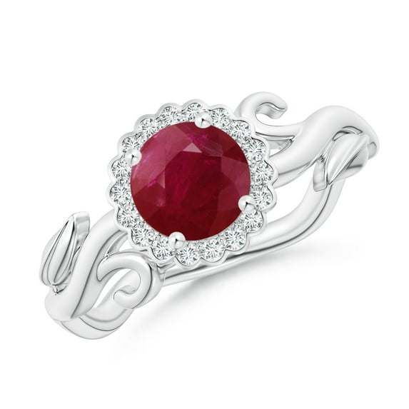 ANGARA Natural Vintage Inspired 1 ct Ruby Flower and Vine Ring in 14K White Gold for Women (Size-6mm) | July Birthstone Jewelry for Her