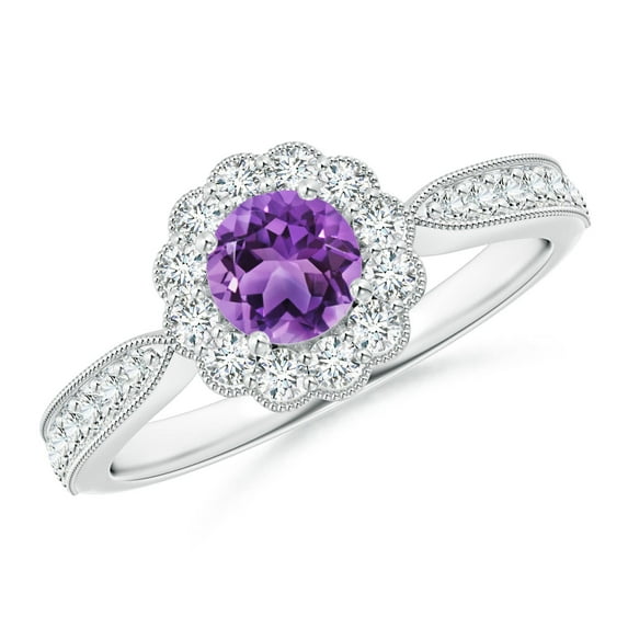 ANGARA Natural Vintage Inspired Amethyst Milgrain Ring with Diamond Halo in 14K White Gold for Women (Size-5mm) | February Birthstone, Anniversary, Jewelry Gift for Women | Natural Amethyst Ring