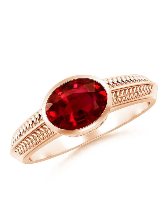 Natural Vintage Inspired Bezel-Set Oval 1.25 ct Ruby Ring with Grooves in 14K Rose Gold for Women (Size-8x6mm) | July Birthstone, Anniversary, Jewelry Gift for Women | Natural Ruby Ring